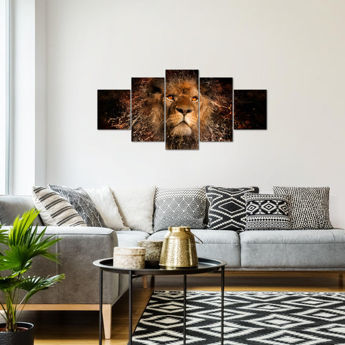 Runa Art Wandbilder Afrika Löwe 5 Teilig Bild auf Vlies Leinwand Deko Wohnzimmer Schlafzimmer Abstrakt Tiere Schwarz Gold 040752a