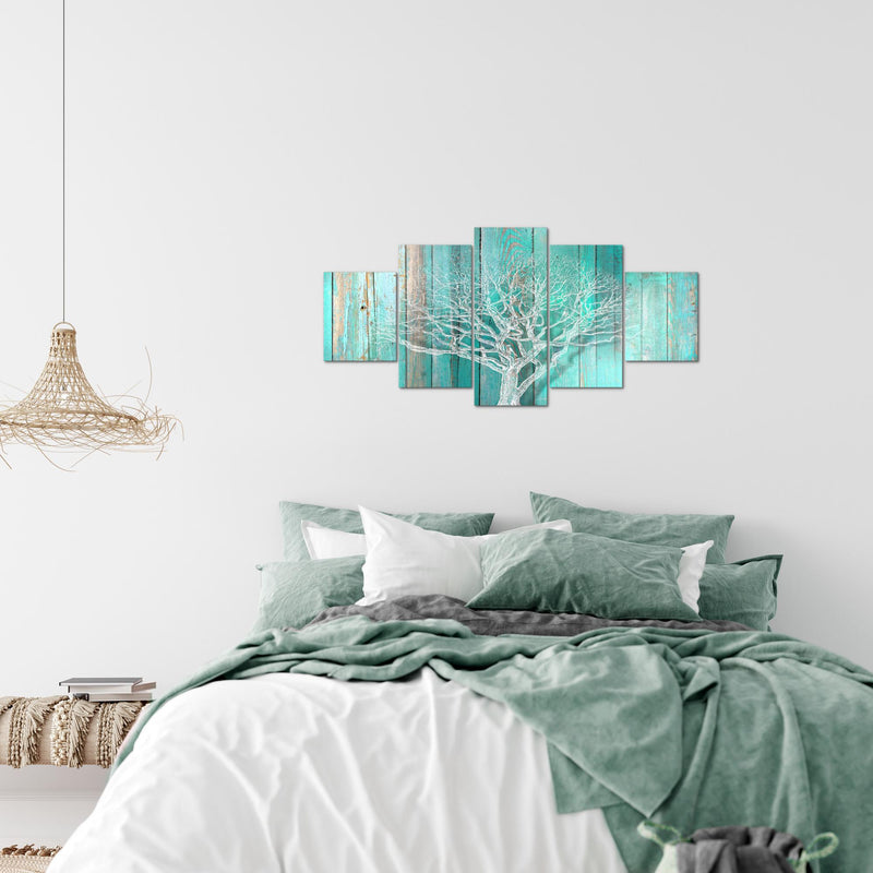 Runa Art Wandbilder Baum Abstrakt 5 Teilig Bild auf Vlies Leinwand Deko Wohnzimmer Holzmotiv Türkis Grau 039952c