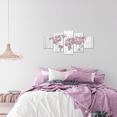 Runa Art Wandbilder Weltkarte Blumen 5 Teilig Bild auf Vlies Leinwand Deko Wohnzimmer Holz Rosa Grau 023252b