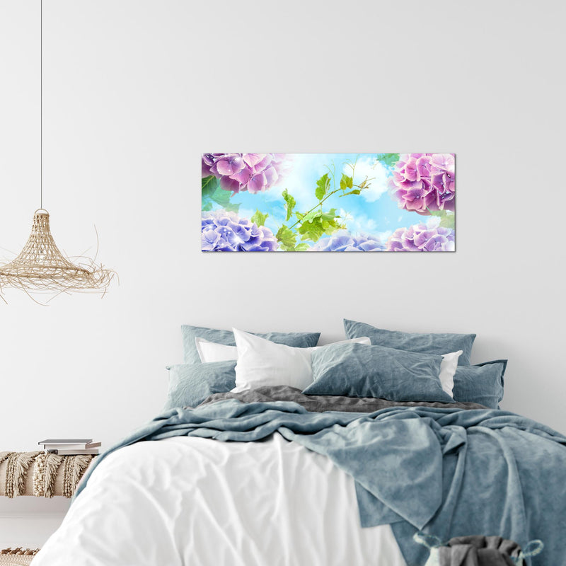 Runa Art Wandbild Blumen Hortensien 1 Teilig 100 x 40 cm Modern Bild auf Vlies Leinwand Natur Wohnzimmer Bunt 017512c
