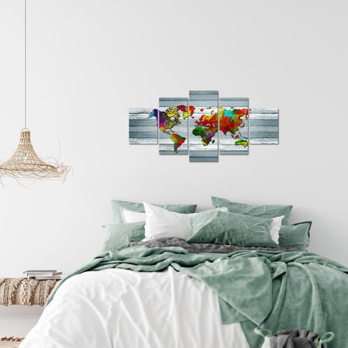 Runa Art Wandbilder Weltkarte 5 Teilig Bild auf Vlies Leinwand Deko Büro Wohnzimmer Kontinente Holz Bunt 105452c