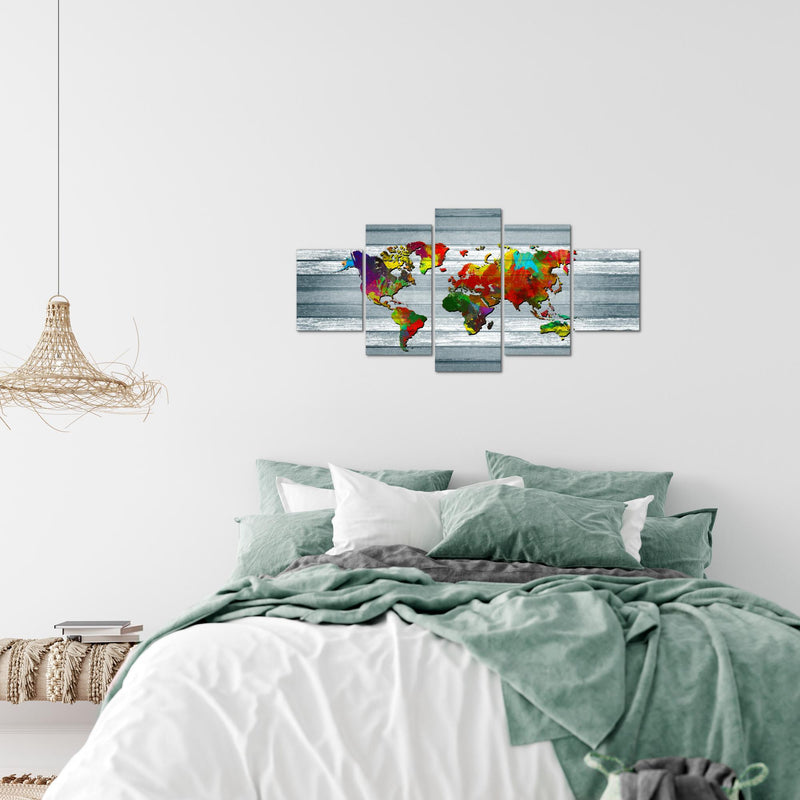 Runa Art Wandbilder Weltkarte 5 Teilig Bild auf Vlies Leinwand Deko Büro Wohnzimmer Kontinente Holz Bunt 105452c