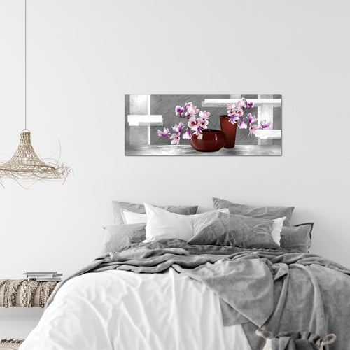 Runa Art Wandbild Blumen Abstrakt 1 Teilig 100 x 40 cm Modern Bild auf Vlies Leinwand Blumenvase Wohnzimmer Grau Rosa 035212c