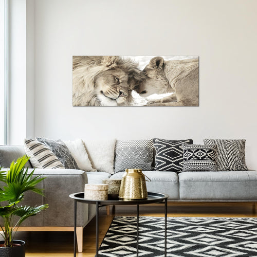 Runa Art Wandbild Löwen Liebe 1 Teilig 100 x 40 cm Modern Bild auf Vlies Leinwand Löwe und Löwin Wohnzimmer Schlafzimmer Beige 002112b