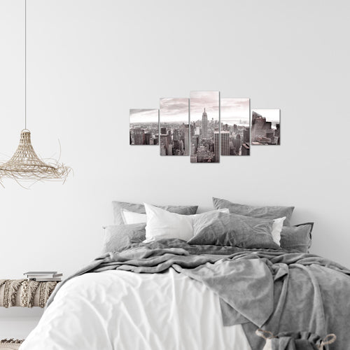 Runa Art Wandbilder New York Skyline 5 Teilig Bild auf Vlies Leinwand Deko Wohnzimmer Büro USA Grau Rosa 010252b