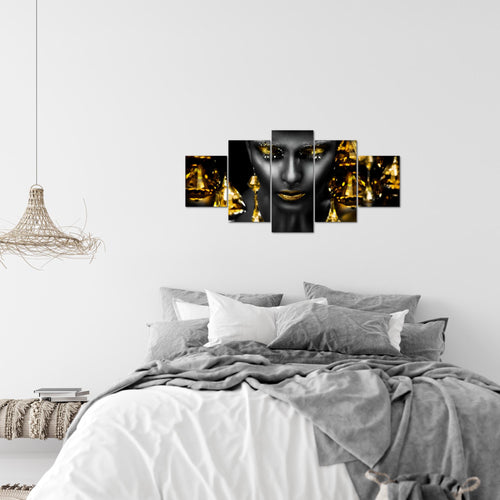 Runa Art Wandbilder Frau Gesicht Lippen 5 Teilig Bild auf Vlies Leinwand Deko Wohnzimmer Schlafzimmer Kosmetik Fashion Schwarz Gold 042152c