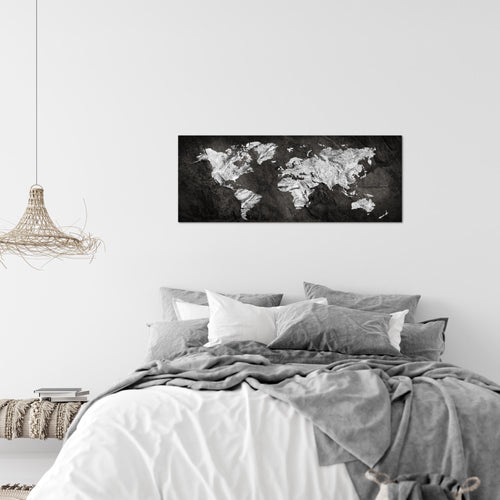 Runa Art Wandbild Weltkarte 1 Teilig 100 x 40 cm Modern Bild auf Vlies Leinwand Kontinente Büro Wohnzimmer Schwarz Weiss 002912a