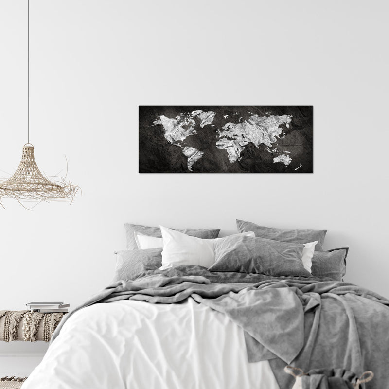 Runa Art Wandbild Weltkarte 1 Teilig 100 x 40 cm Modern Bild auf Vlies Leinwand Kontinente Büro Wohnzimmer Schwarz Weiss 002912a