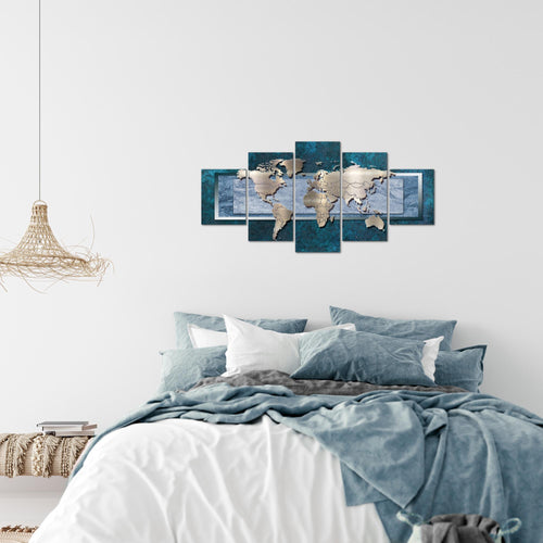 Runa Art Wandbilder Weltkarte 5 Teilig Bild auf Vlies Leinwand Deko Büro Wohnzimmer Kontinente Metall Blau 106752c