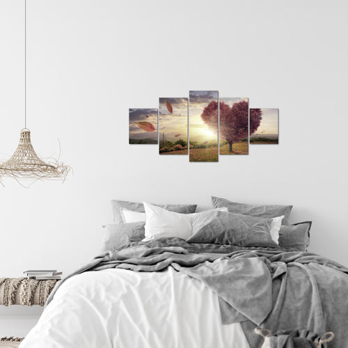 Runa Art Wandbilder Herbst Baum Herz 5 Teilig Bild auf Vlies Leinwand Deko Wohnzimmer Schlafzimmer Panorama Beige Braun 605852c