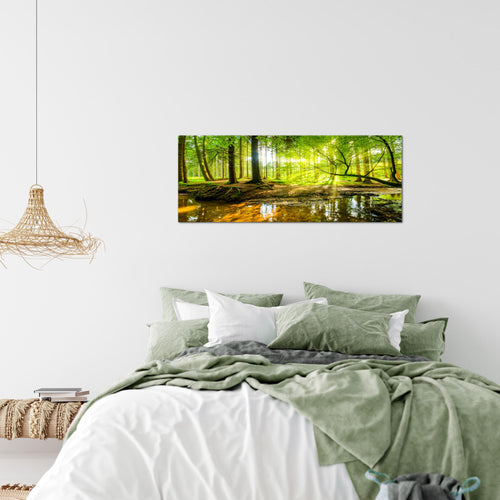 Runa Art Wandbild Landschaft 100 x 40 cm Modern Bild auf Vlies Leinwand Grün Wohnzimmer Schlafzimmer Büro Wald 611712a