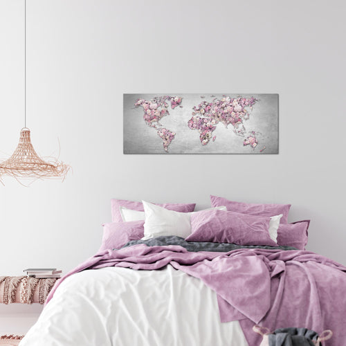 Runa Art Wandbild Weltkarte Blumen 1 Teilig 100 x 40 cm Modern Bild auf Vlies Leinwand Steinwand Wohnzimmer Grau Rosa 023212a