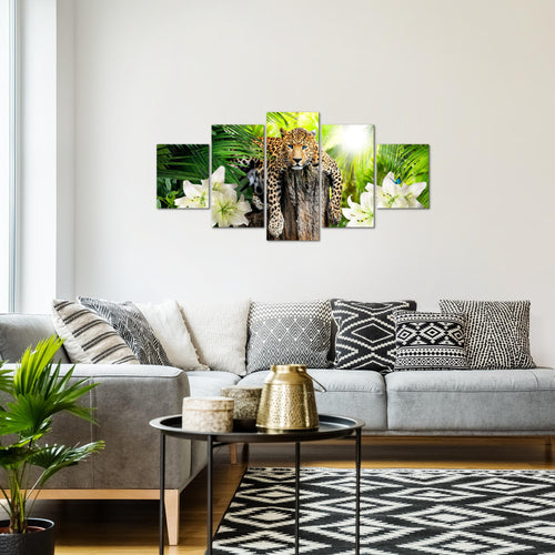 Runa Art Wandbilder Afrika Leopard 5 Teilig Bild auf Vlies Leinwand Deko Wohnzimmer Schlafzimmer Natur Savanne Grün 006752a