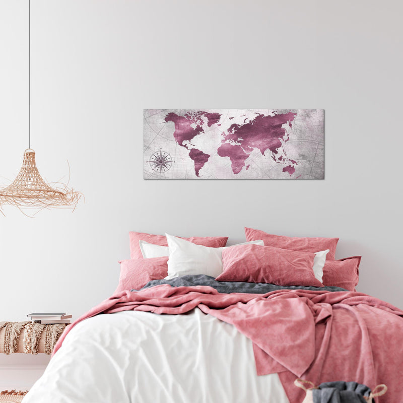 Runa Art Wandbild Weltkarte 1 Teilig 100 x 40 cm Modern Bild auf Vlies Leinwand Vintage Antik Büro Wohnzimmer Pink 026012b