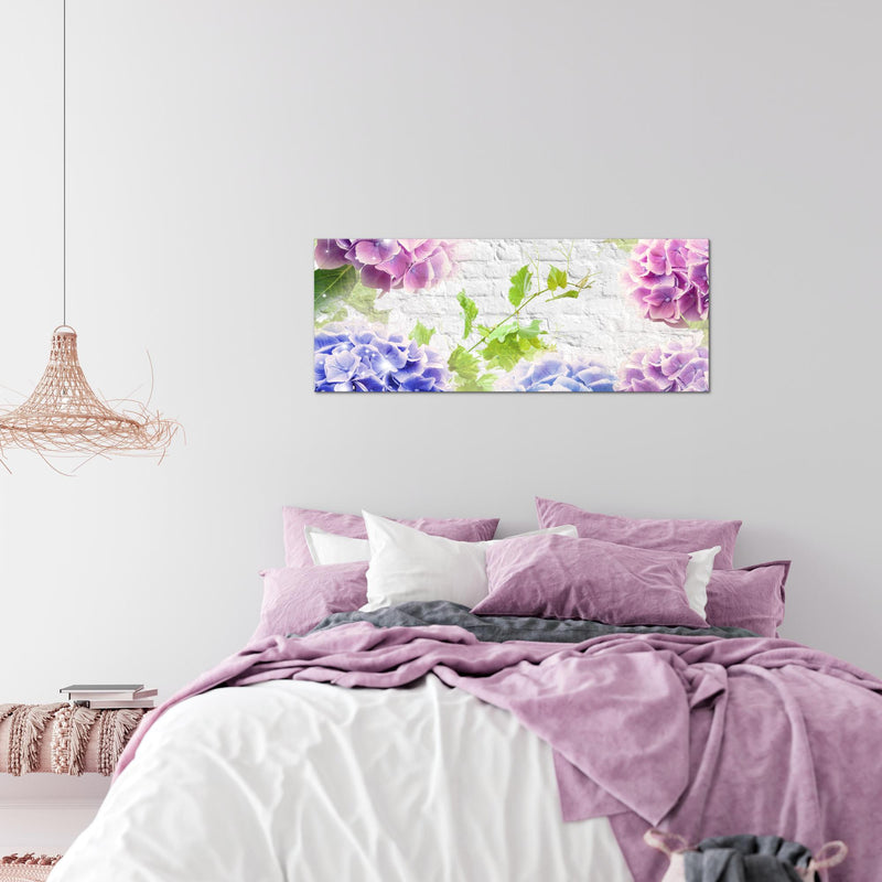 Runa Art Wandbild Blumen Hortensien 1 Teilig 100 x 40 cm Modern Bild auf Vlies Leinwand Ziegel Wohnzimmer Bunt 017512a