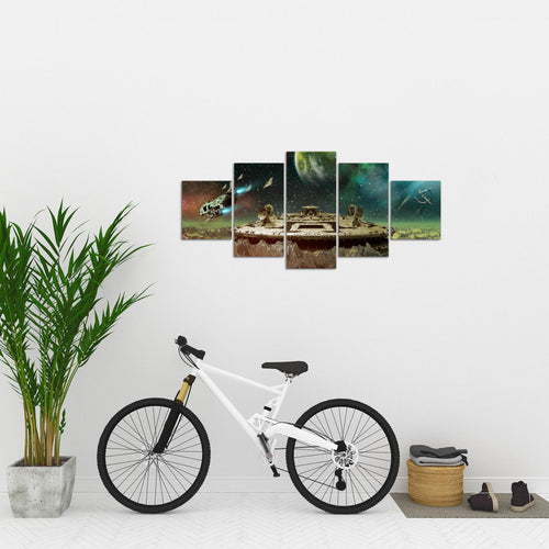 Runa Art Wandbilder Kinderzimmer Weltall Raumschiff 5 Teilig Bild auf Vlies Leinwand Deko Babyzimmer Spielzimmer Jugendzimmer Türkis Beige 611552a
