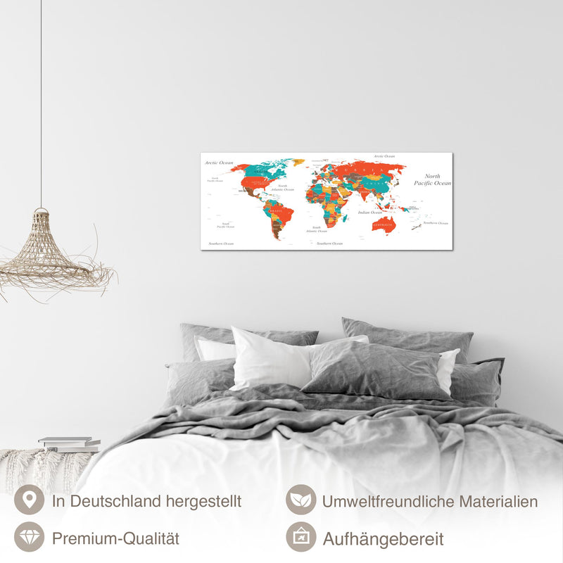 Runa Art Wandbild Weltkarte 100L x 40B cm Modern Bild auf Vlies Leinwand Türkis Orange Wohnzimmer Schlafzimmer Büro Weltkarte 057212a