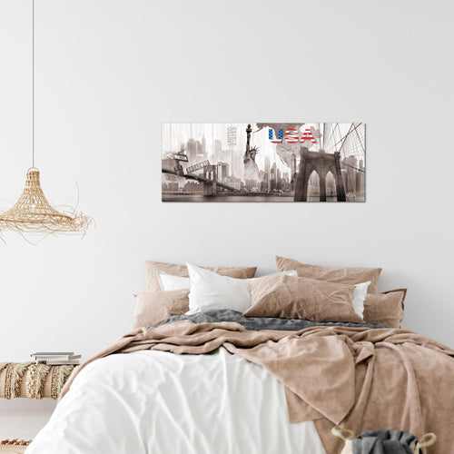 Runa Art Wandbild New York 1 Teilig 100 x 40 cm Modern Bild auf Vlies Leinwand Amerika NY Wohnzimmer Büro Sepia Beige 034712b