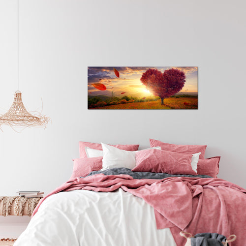 Runa Art Wandbild Herbst Baum Herz 1 Teilig 100 x 40 cm Modern Bild auf Vlies Leinwand Natur Wohnzimmer Schlafzimmer Rot Blau 605812a