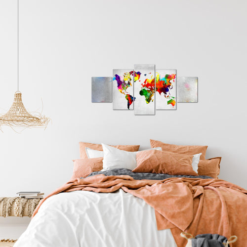 Runa Art Wandbilder Weltkarte 5 Teilig Bild auf Vlies Leinwand Deko Büro Wohnzimmer Kontinente Beton Bunt 108852a