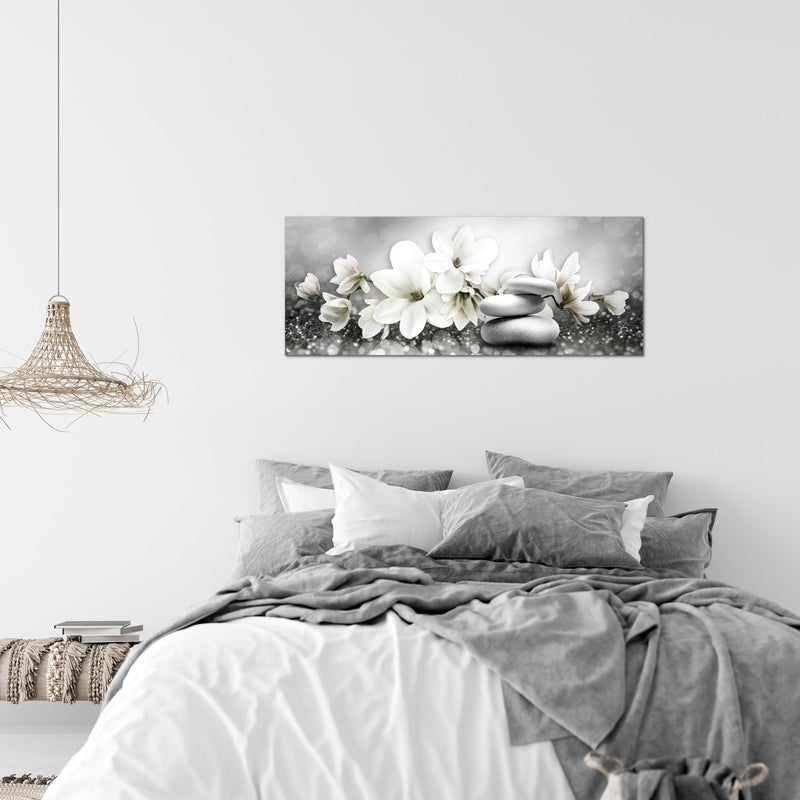 Runa Art Wandbild Blumen Magnolien 1 Teilig 100 x 40 cm Modern Bild auf Vlies Leinwand Abstrakt Wohnzimmer Schwarz Weiss 035412c