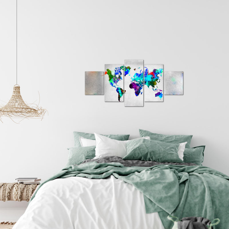 Runa Art Wandbilder Weltkarte 5 Teilig Bild auf Vlies Leinwand Deko Büro Wohnzimmer Stein Beton Bunt 108852b