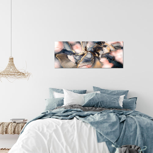 Runa Art Wandbild Abstrakt 100 x 40 cm Modern Bild auf Vlies Leinwand Pastel Wohnzimmer Schlafzimmer blau rosa Gold 043812a
