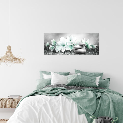 Runa Art Wandbild Blumen Magnolien 1 Teilig 100 x 40 cm Modern Bild auf Vlies Leinwand Abstrakt Wohnzimmer Grau Türkis 035412b