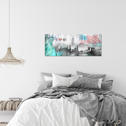 Runa Art Wandbild New York City 1 Teilig 100 x 40 cm Modern Bild auf Vlies Leinwand Städte Wohnzimmer Büro Grau Türkis 034212a