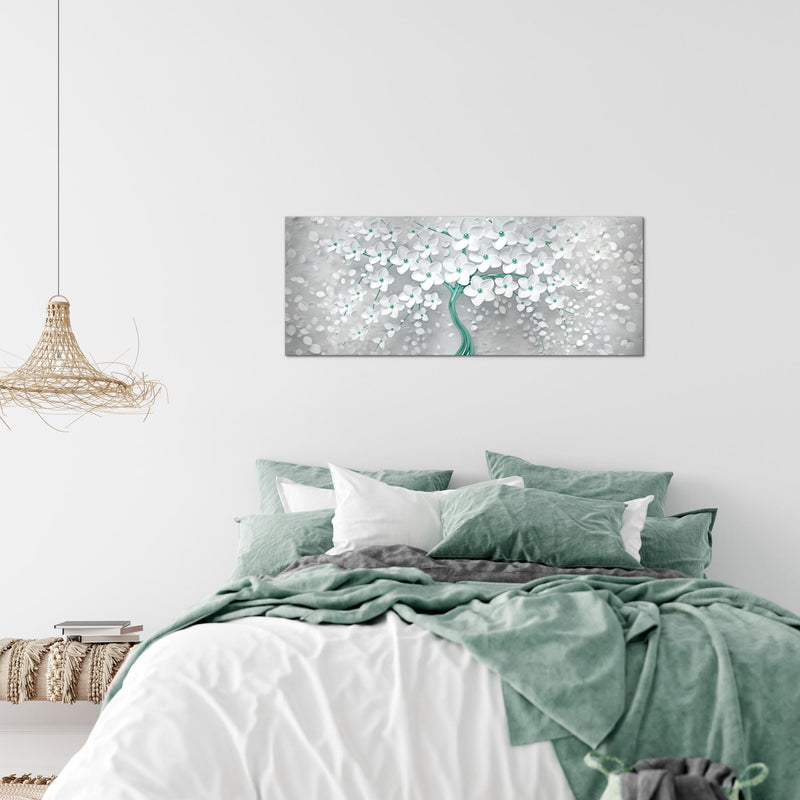 Runa Art Wandbild Blumen 1 Teilig 100 x 40 cm Modern Bild auf Vlies Leinwand Abstrakt Baum Wohnzimmer Weiss Türkis 039712b