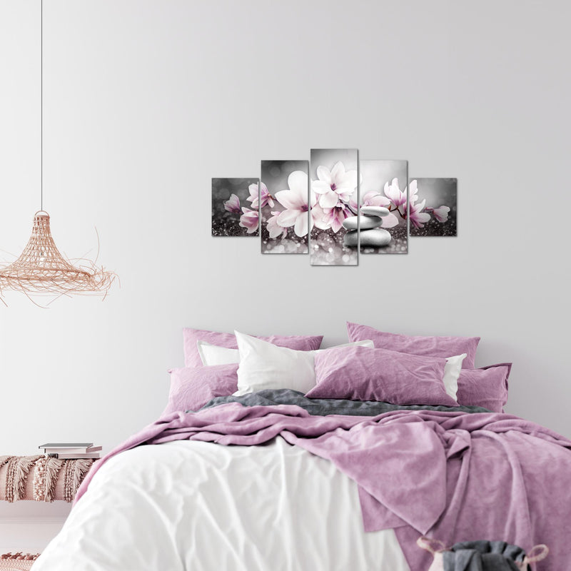 Runa Art Wandbilder Blumen Magnolien 5 Teilig Bild auf Vlies Leinwand Deko Wohnzimmer Abstrakt Grau Rosa 035452a