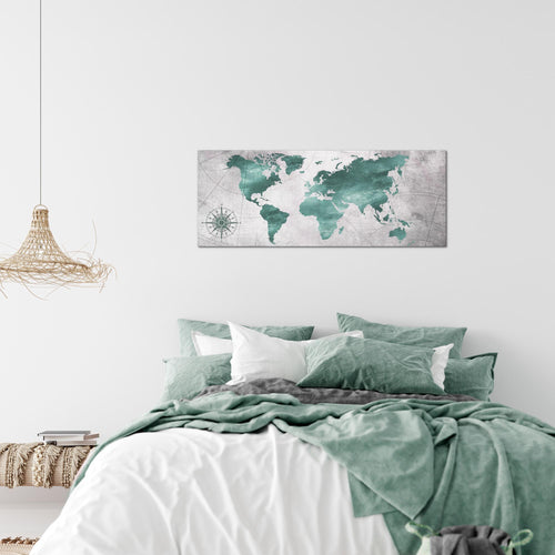 Runa Art Wandbild Weltkarte 1 Teilig 100 x 40 cm Modern Bild auf Vlies Leinwand Vintage Büro Wohnzimmer Grün Grau 026012c