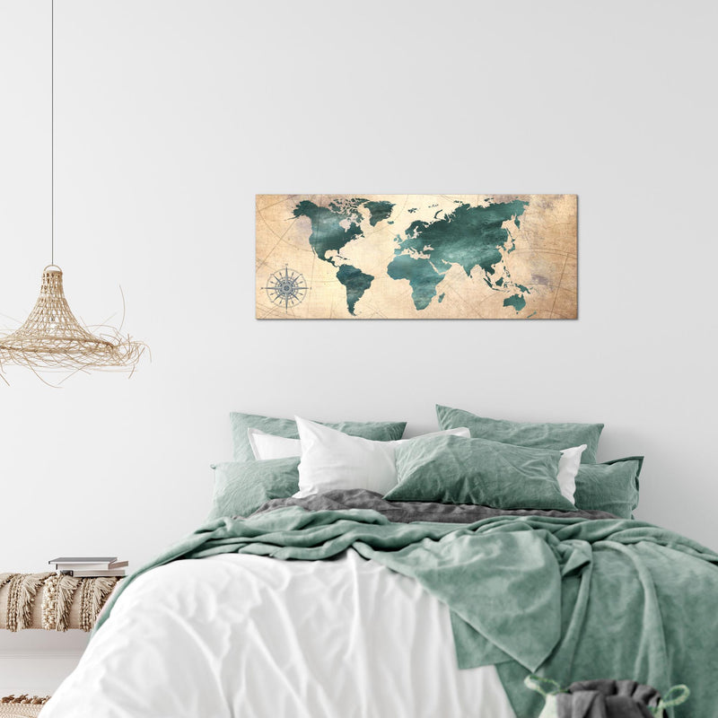 Runa Art Wandbild Weltkarte 1 Teilig 100 x 40 cm Modern Bild auf Vlies Leinwand Antik Büro Wohnzimmer Grün braun 026012a