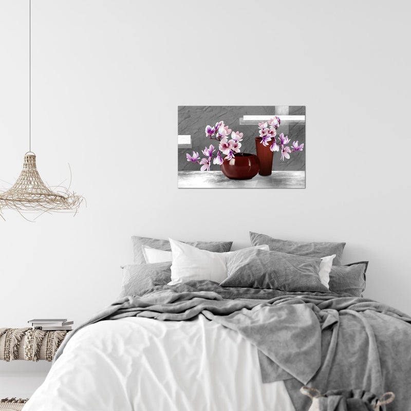 Runa Art Bild Blumen Abstrakt Modern Wandbilder Wohnzimmer 1 Teilig - Made In Germany - Blumenvase Grau Rosa Flur 035215c