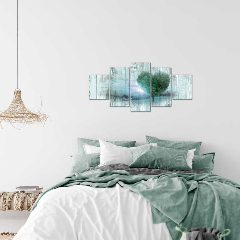 Runa Art Wandbilder Herbst Vintage 5 Teilig Bild auf Vlies Leinwand Deko Wohnzimmer Schlafzimmer Baum Herz Türkis 606552b