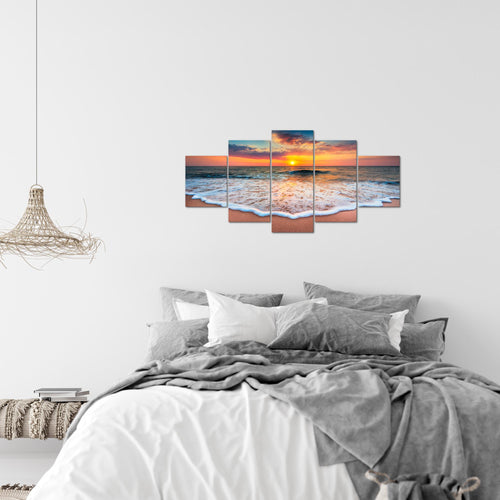 Runa Art Wandbilder Strand Meer 5 Teilig Bild auf Vlies Leinwand Deko Wohnzimmer Schlafzimmer Sonnenuntergang Orange 044552a