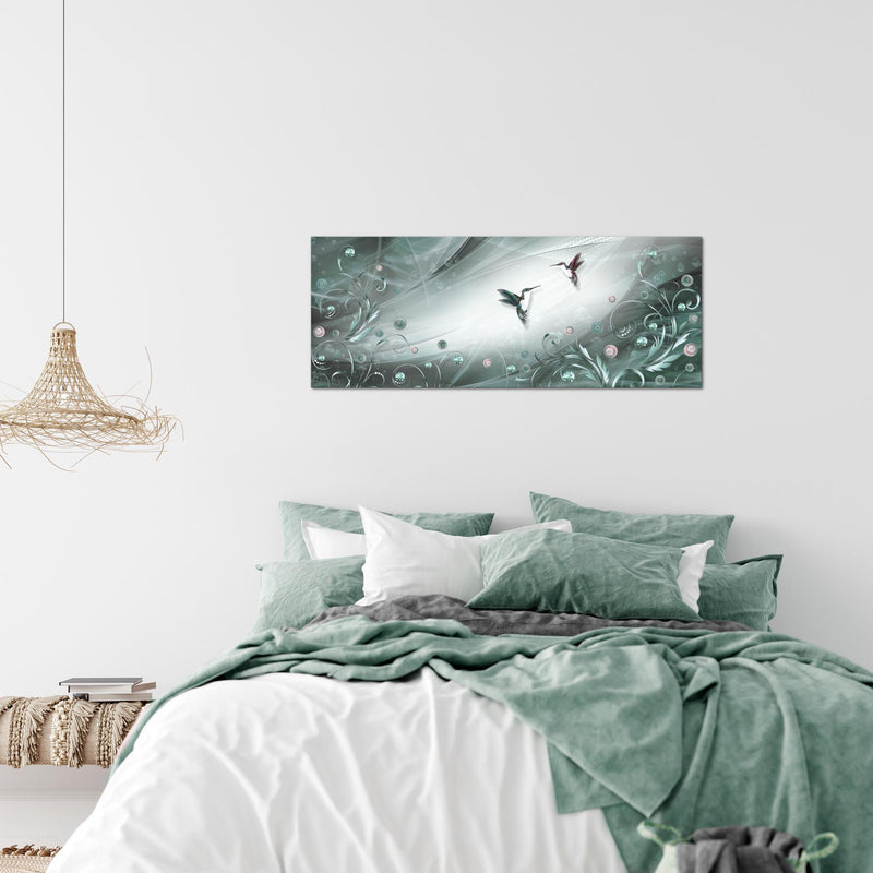 Runa Art Wandbild Vintage Vogel 1 Teilig 100 x 40 cm Modern Bild auf Vlies Leinwand Abstrakt Wohnzimmer Schlafzimmer Türkis Grau 038312b