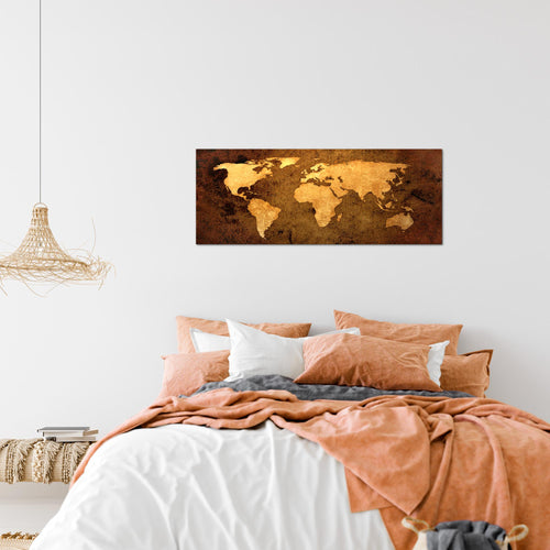 Runa Art Wandbild Weltkarte 1 Teilig 100 x 40 cm Modern Bild auf Vlies Leinwand Vintage Antik Büro Wohnzimmer Gold 101712a