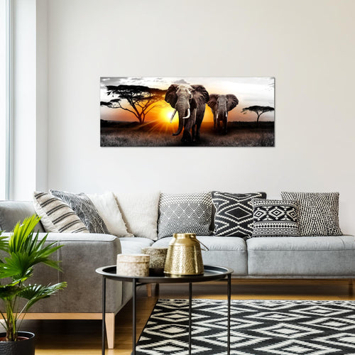 Runa Art Wandbild Afrika 100 x 40 cm Modern Bild auf Vlies Leinwand Orange Wohnzimmer Schlafzimmer Büro Elefanten 007612a