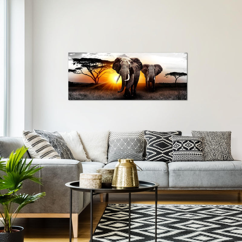 Runa Art Wandbild Afrika 100 x 40 cm Modern Bild auf Vlies Leinwand Orange Wohnzimmer Schlafzimmer Büro Elefanten 007612a