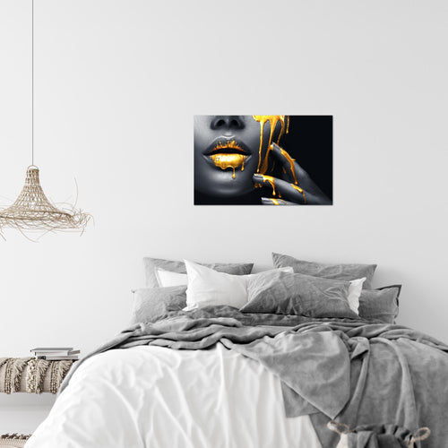 Runa Art Bild Lippen Gold Schwarz Modern Wandbilder Wohnzimmer Schlafzimmer 1 Teilig - Made In Germany - Kosmetik Fashion Frau Flur 041515a