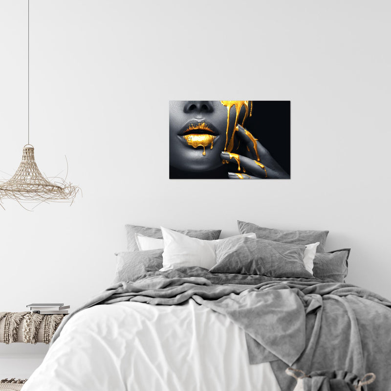 Runa Art Bild Lippen Gold Schwarz Modern Wandbilder Wohnzimmer Schlafzimmer 1 Teilig - Made In Germany - Kosmetik Fashion Frau Flur 041515a