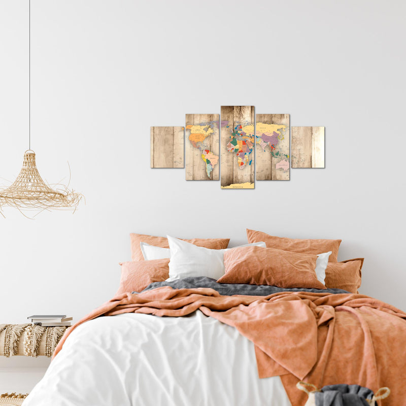 Runa Art Wandbilder Weltkarte Holz 5 Teilig Bild auf Vlies Leinwand Deko Büro Wohnzimmer Kontinente Biege 108752a