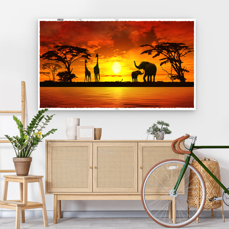 Runa Art Wandbild Afrika 100 x 40 cm Modern Bild auf Vlies Leinwand Orange Wohnzimmer Schlafzimmer Büro Sonnenuntergang 000212a