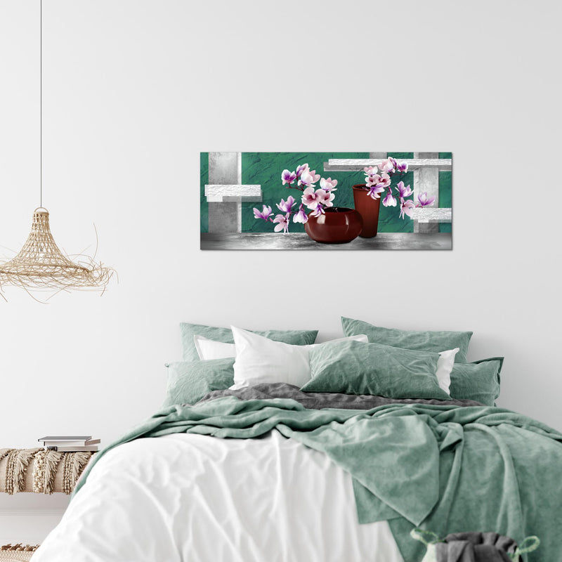 Runa Art Wandbild Blumen Abstrakt 1 Teilig 100 x 40 cm Modern Bild auf Vlies Leinwand Blumenvase Wohnzimmer Türkis Grau 035212b