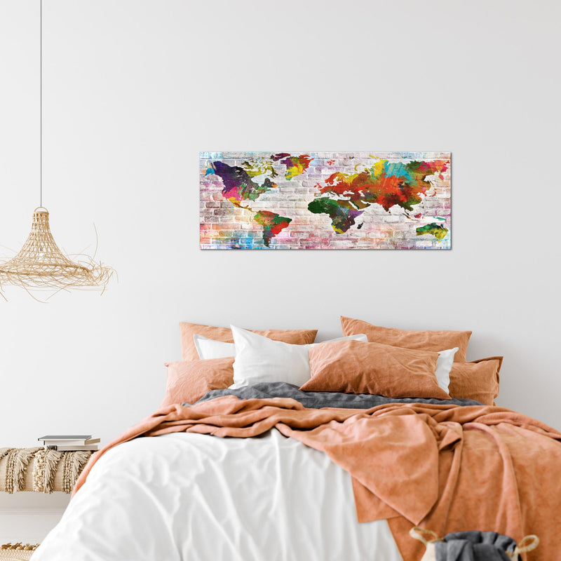 Runa Art Wandbild Weltkarte 1 Teilig 100 x 40 cm Modern Bild auf Vlies Leinwand Steinoptik Ziegel Büro Wohnzimmer Bunt 106912a
