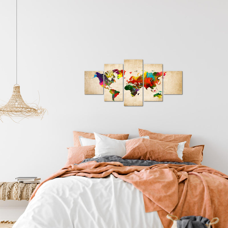 Runa Art Wandbilder Weltkarte 5 Teilig Bild auf Vlies Leinwand Deko Büro Wohnzimmer Kontinente Landkarte Bunt 105152a