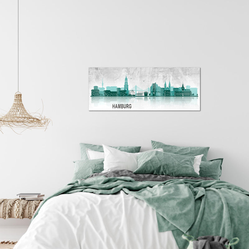 Runa Art Wandbild Hamburg 1 Teilig 100 x 40 cm Modern Bild auf Vlies Leinwand Abstrakt Wohnzimmer Schlafzimmer Türkis Grau 035912b