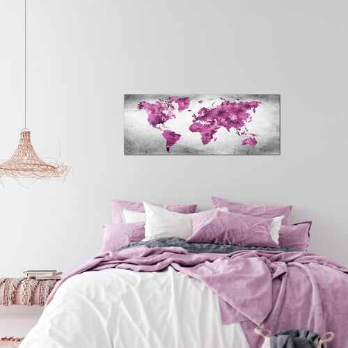 Runa Art Wandbild Weltkarte 1 Teilig 100 x 40 cm Modern Bild auf Vlies Leinwand Vintage Büro Wohnzimmer Rosa Grau 013312c