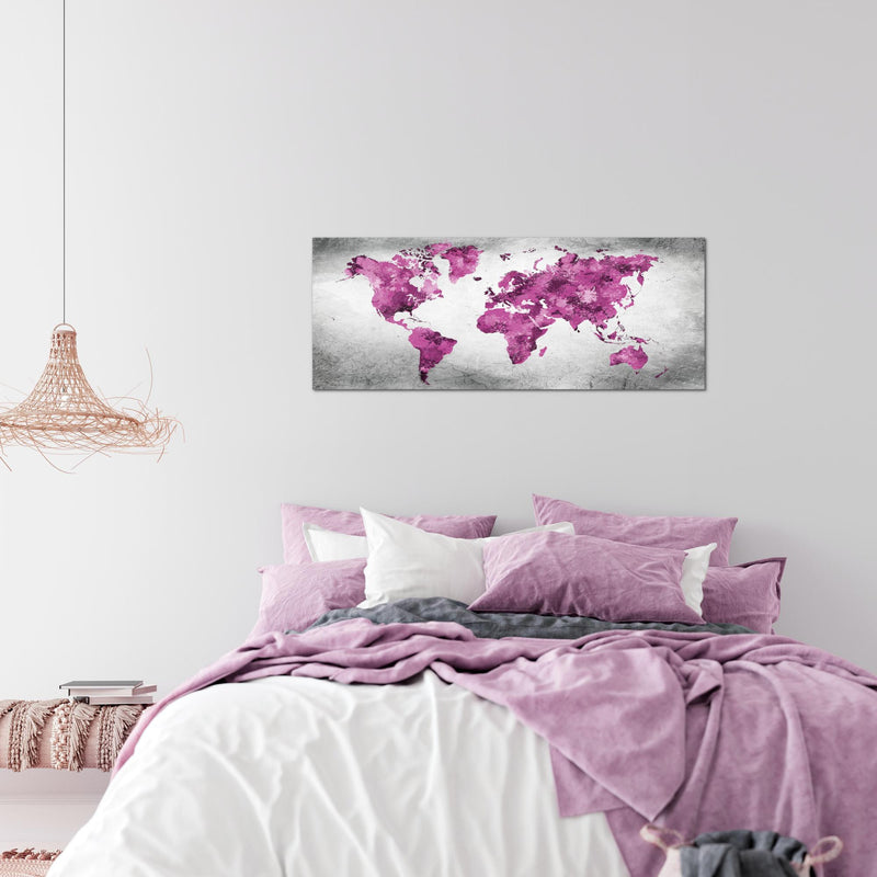 Runa Art Wandbild Weltkarte 1 Teilig 100 x 40 cm Modern Bild auf Vlies Leinwand Vintage Büro Wohnzimmer Rosa Grau 013312c